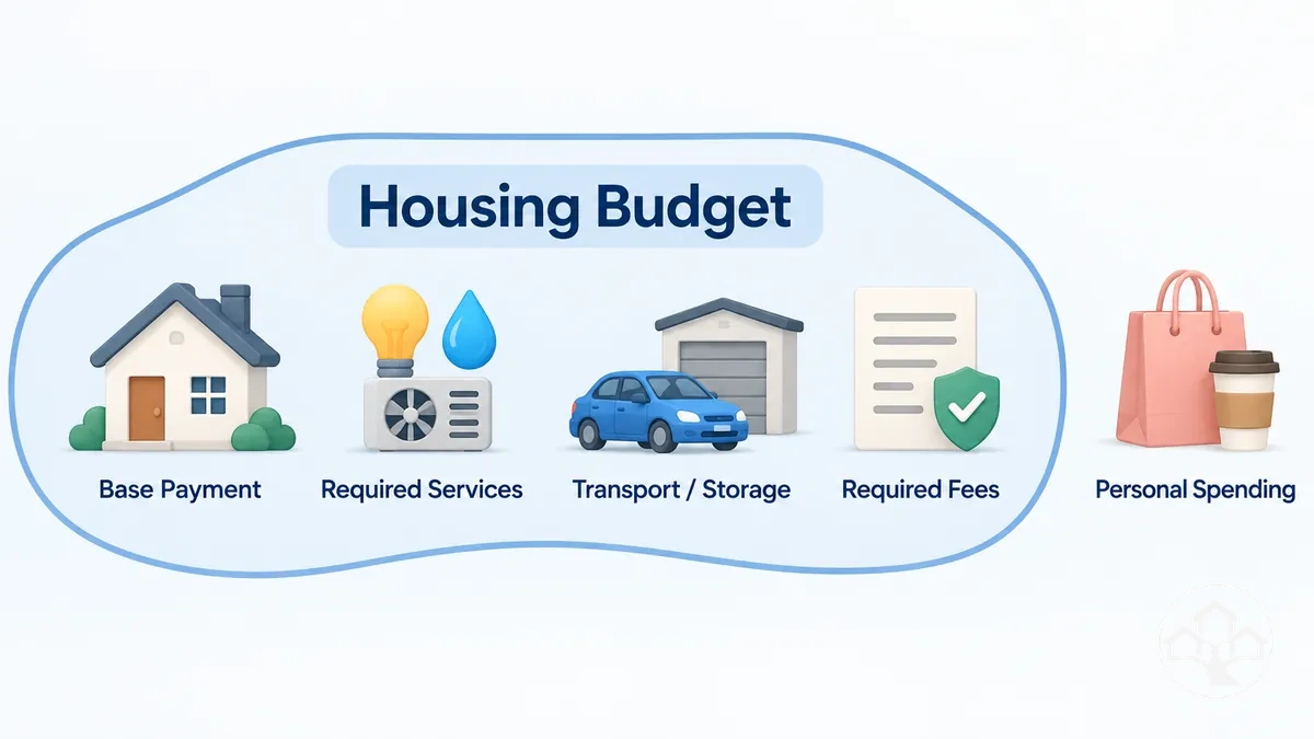 حدود ميزانية السكن تُظهر التكاليف المرتبطة بالسكن المدرجة والنفقات الشخصية غير المرتبطة المستبعدة.