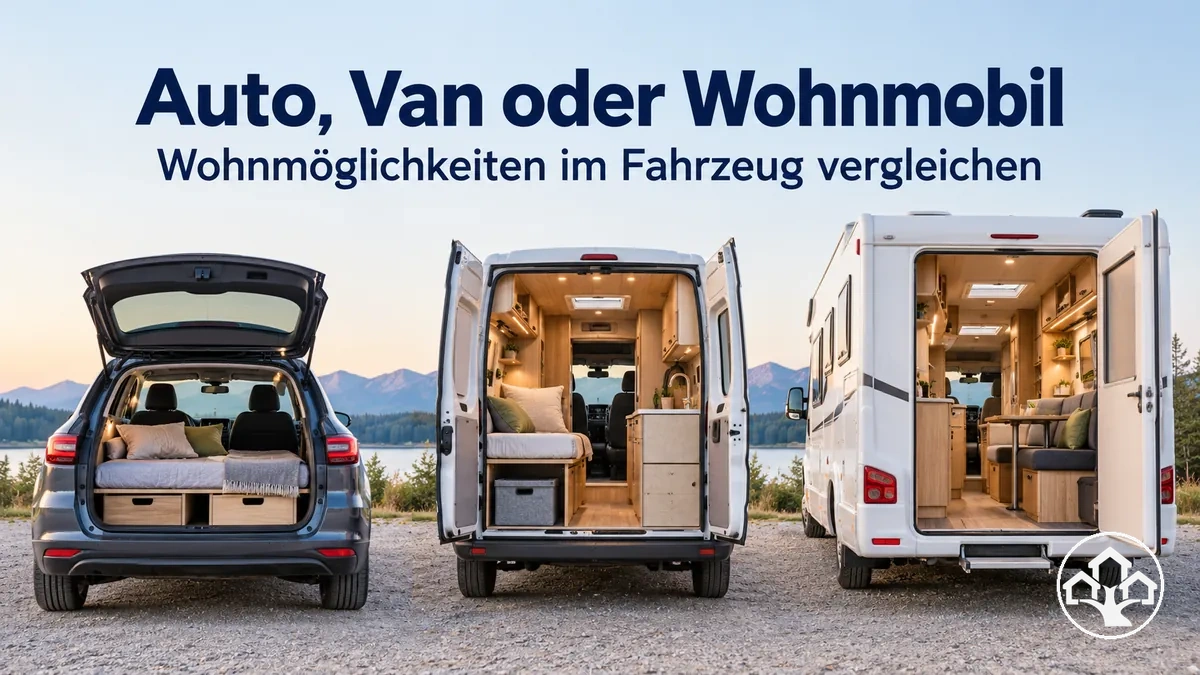 Auto, Van und Wohnmobil nebeneinander zum Vergleich als Wohnmöglichkeiten