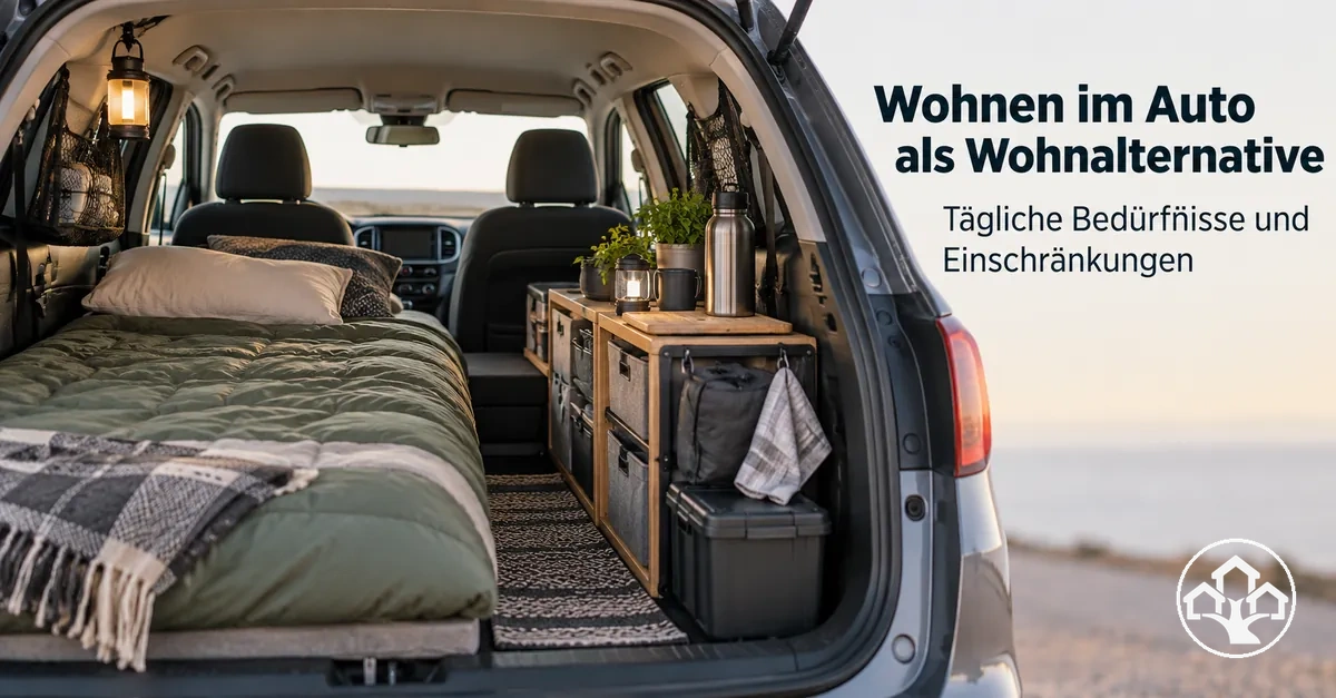 Auto als Wohnraum mit Schlafplatz und Dingen des täglichen Bedarfs