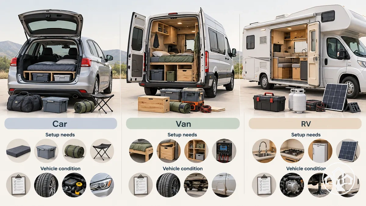 Auto, Van und Wohnmobil mit unterschiedlichen Ausgangsbedingungen und Anforderungen an die Wohneinrichtung
