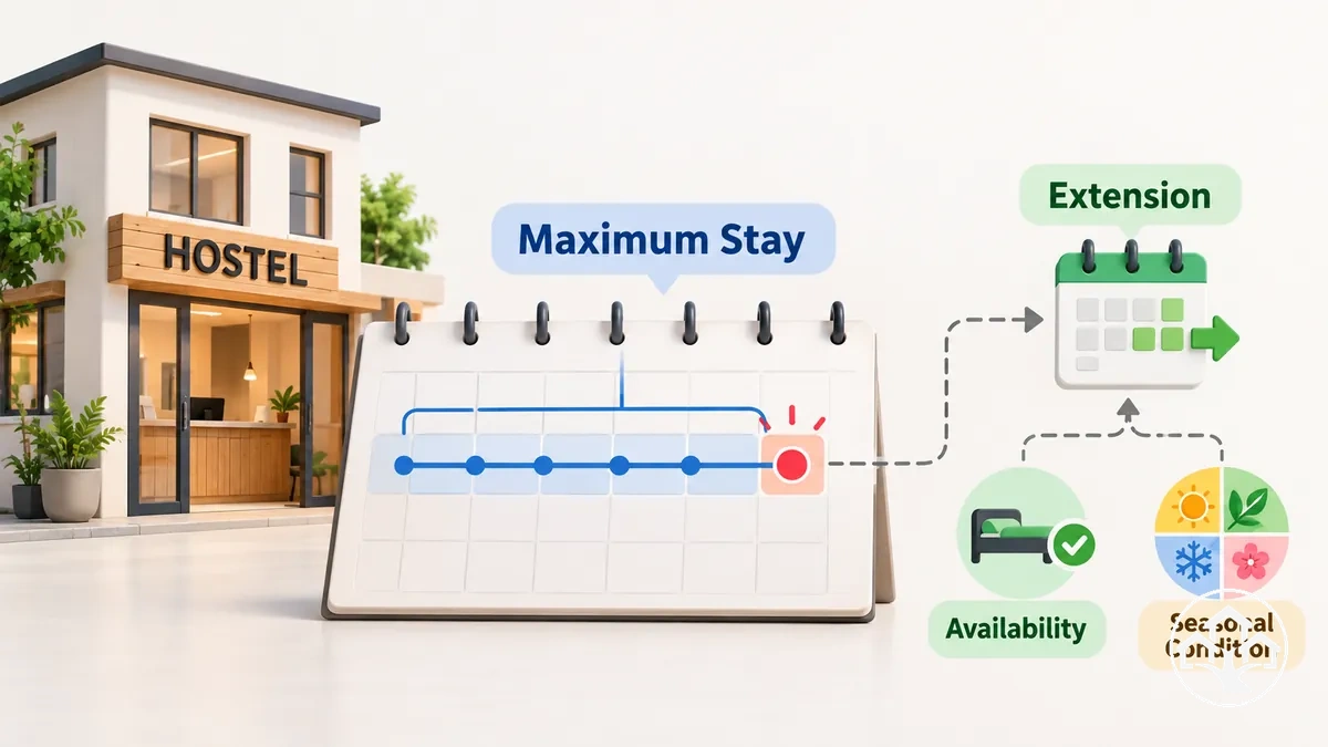 Kalender mit Hostel-Höchstaufenthaltsdauer und möglichen Verlängerungs- und Verfügbarkeitsbedingungen