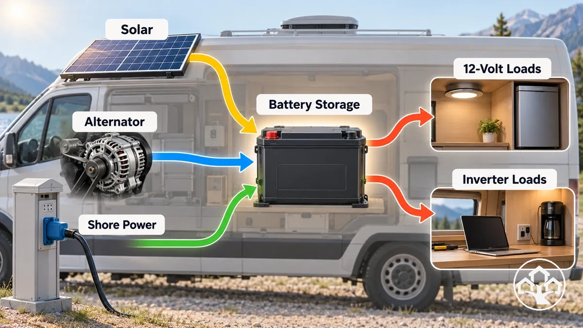 Diagramm der Batteriespeicherung, Ladequellen und täglichen elektrischen Verbraucher eines Vans oder Wohnmobils