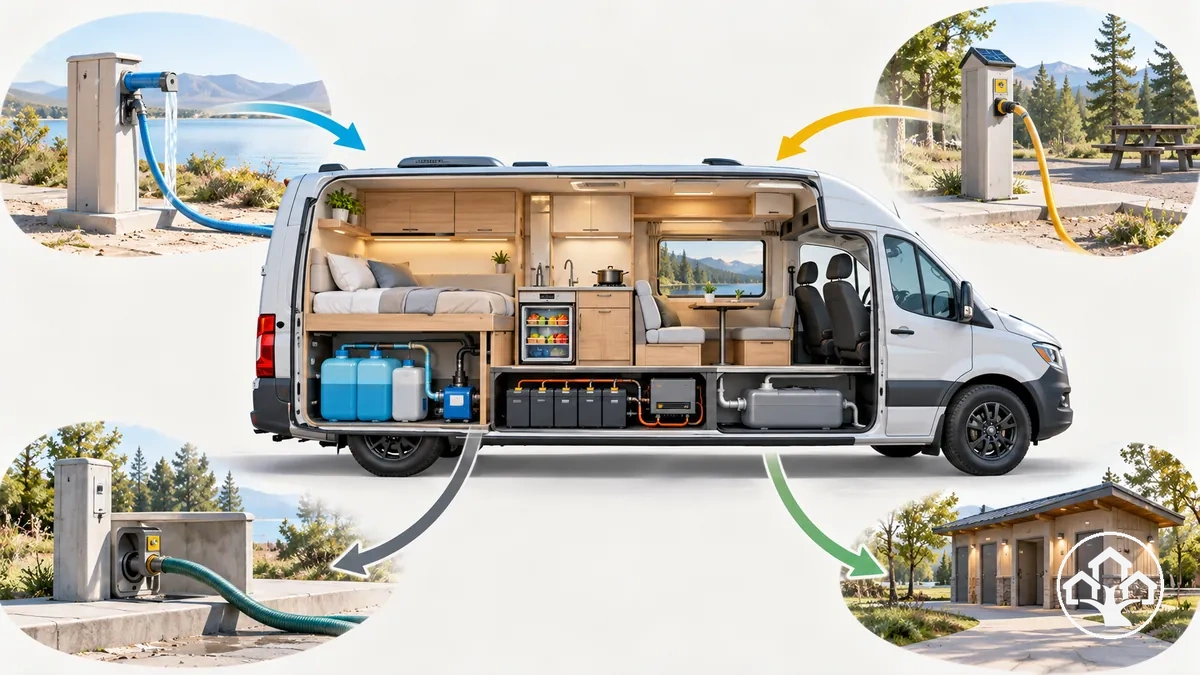 Tägliche Wasser-, Strom-, Lebensmittel-, Hygiene- und Abfallsysteme für das dauerhafte Wohnen im Van oder Wohnmobil
