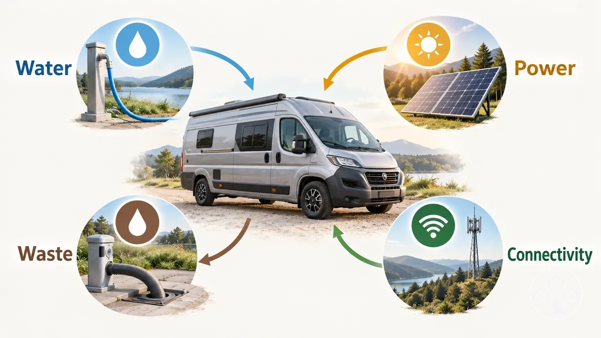 Illustration der Wasser-, Strom-, Abwasser- und Konnektivitätssysteme eines Vans oder Wohnmobils
