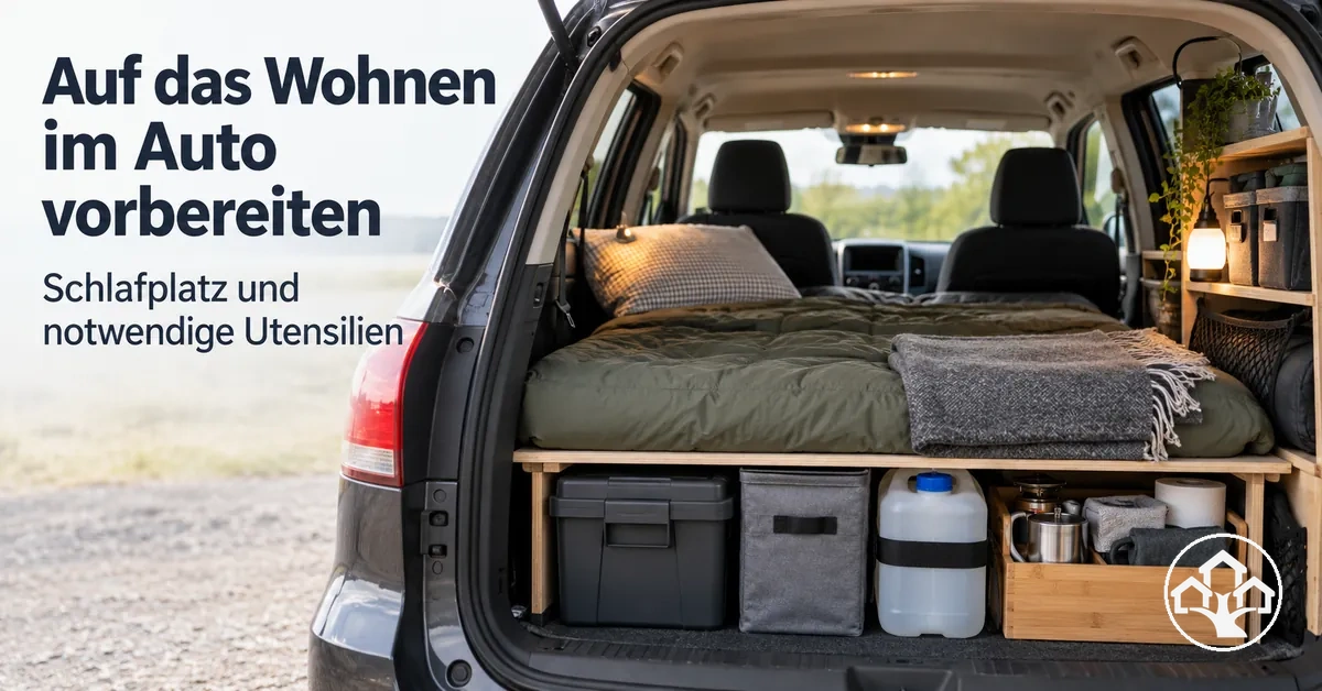 Zum Wohnen vorbereitetes Auto mit Schlafplatz und notwendigen Utensilien