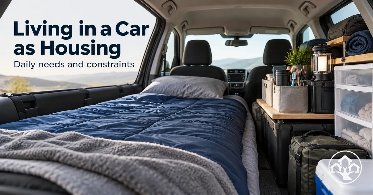 Car living setup showing sleeping space and everyday essentials