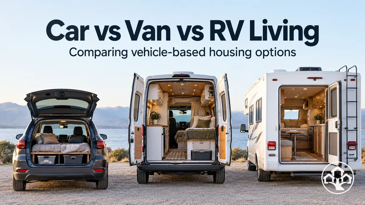 Car, van and RV shown side by side for housing comparison