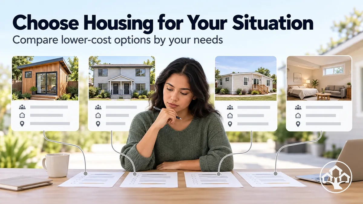 Different low-cost housing alternatives compared by personal situation and needs