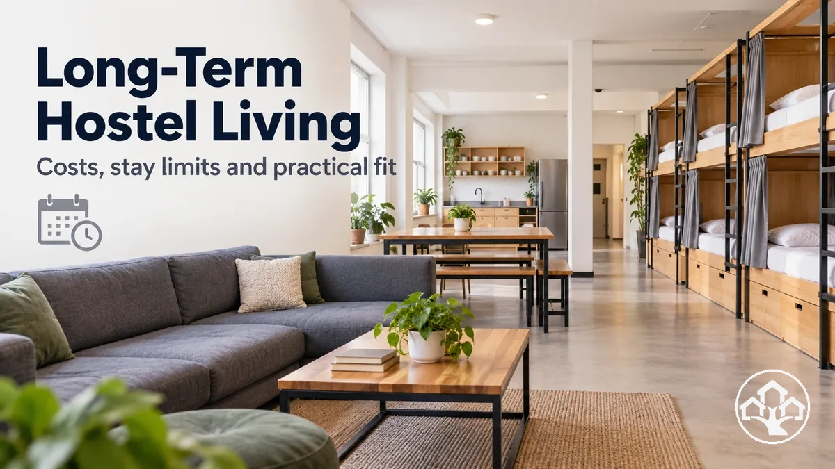 Long-term hostel accommodation with shared sleeping and common areas