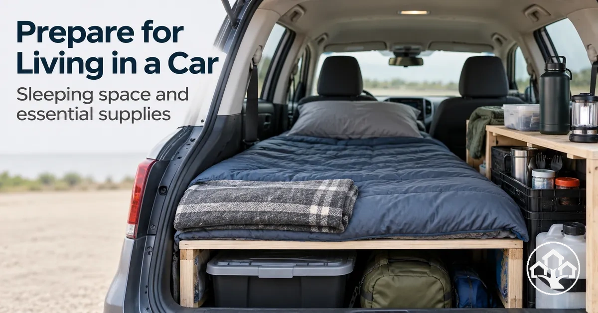 Car prepared for living with sleeping space and essential supplies