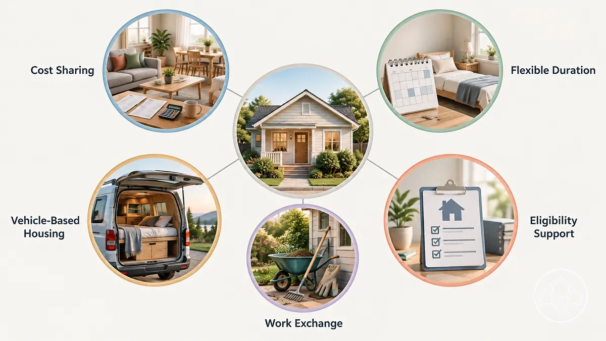 Main low-cost housing alternatives grouped by how they reduce or shift housing costs and obligations