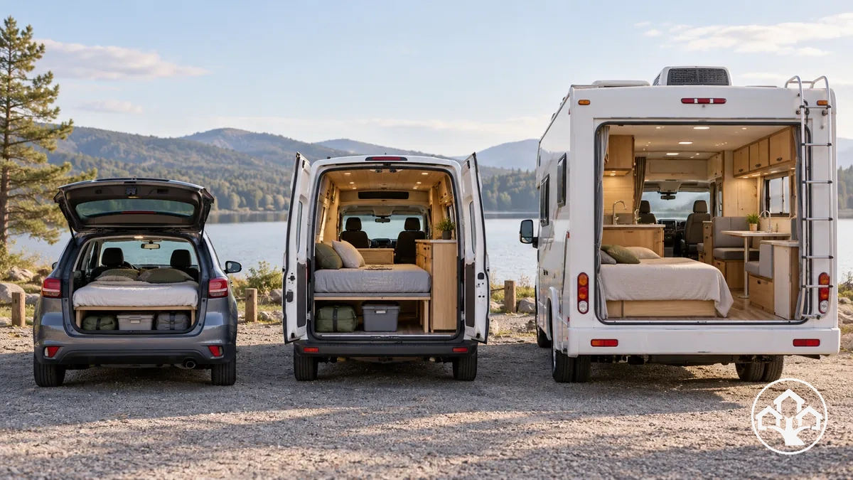 Car, van and RV used for vehicle-based housing, showing differences in space and mobility