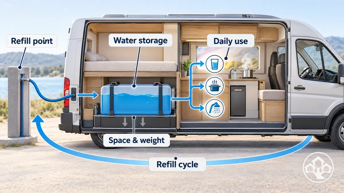 Water supply, onboard storage, daily use and refill cycle in a van or RV