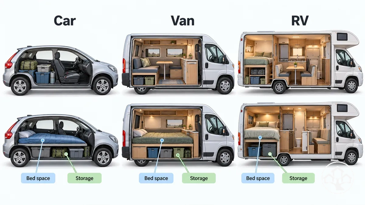 Car, van and RV interiors showing different sleeping and storage arrangements