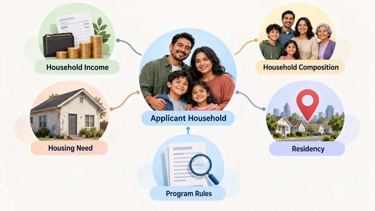 Subsidised housing eligibility factors including income, household circumstances, housing need and program rules