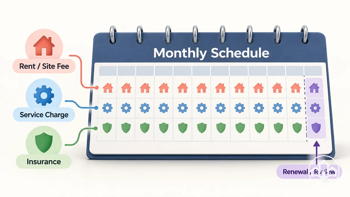 Fixed recurring housing costs shown as predictable monthly charges on a budget calendar.