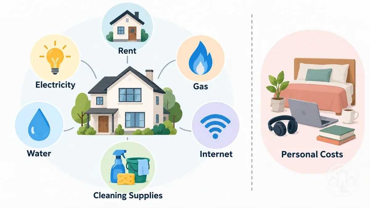 Illustration of recurring shared-household expenses including rent, utilities, internet and cleaning supplies.