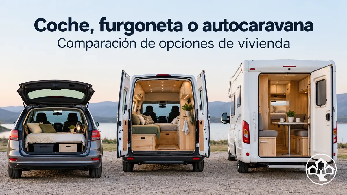 Coche, furgoneta y autocaravana mostrados juntos para comparar opciones de vivienda