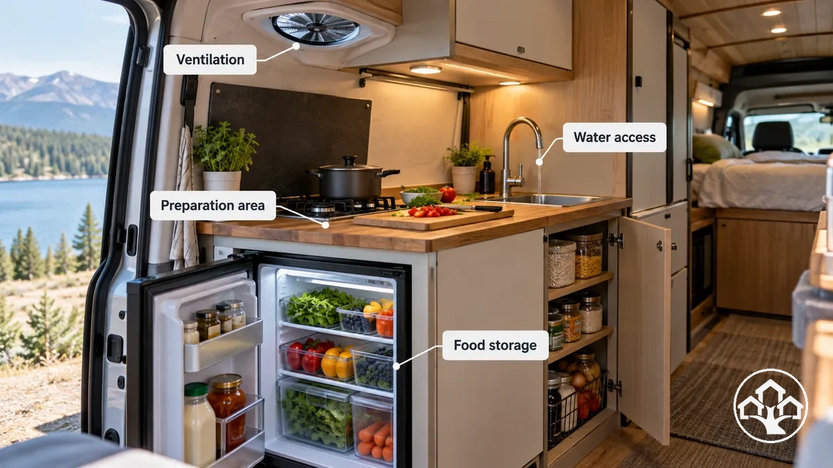 Zona de cocina y almacenamiento de alimentos en furgoneta o autocaravana con espacio de preparación, refrigeración, ventilación y acceso a agua