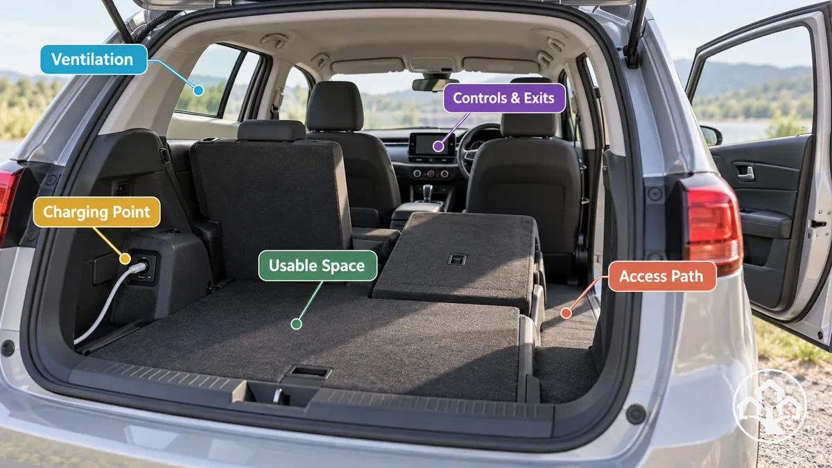Interior del coche que muestra el espacio utilizable y las vías de acceso antes de definir la distribución