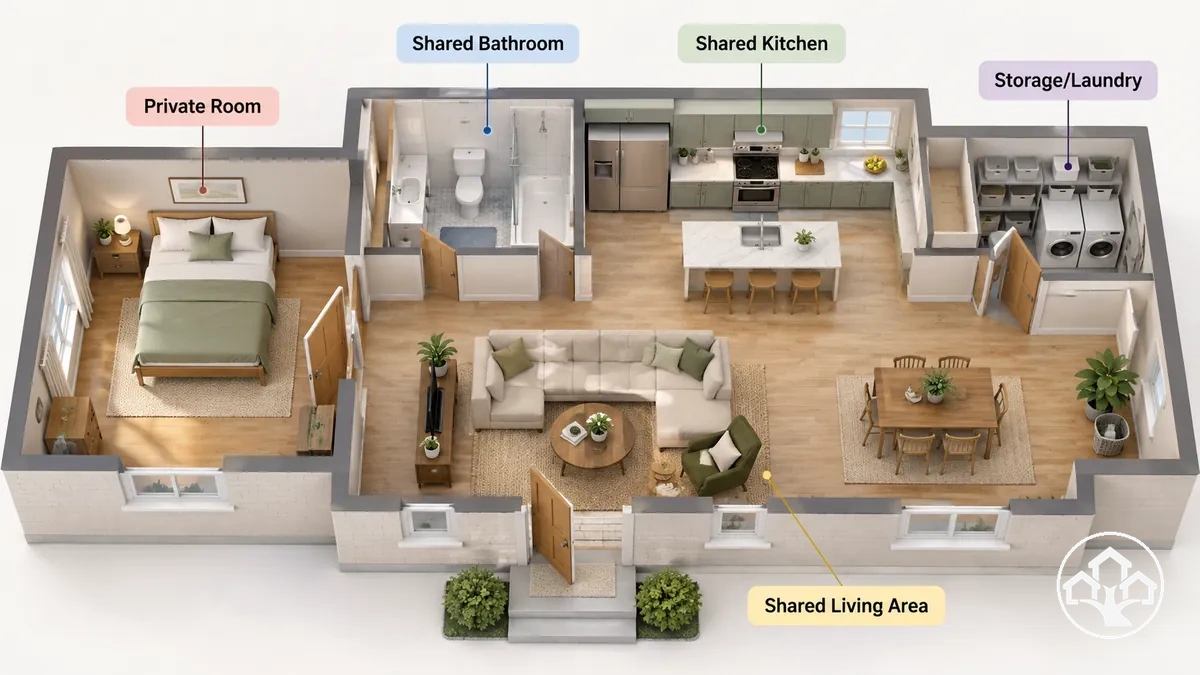 Plano de un hogar compartido etiquetado que muestra un dormitorio privado y un baño, cocina, salón y almacenamiento compartidos.