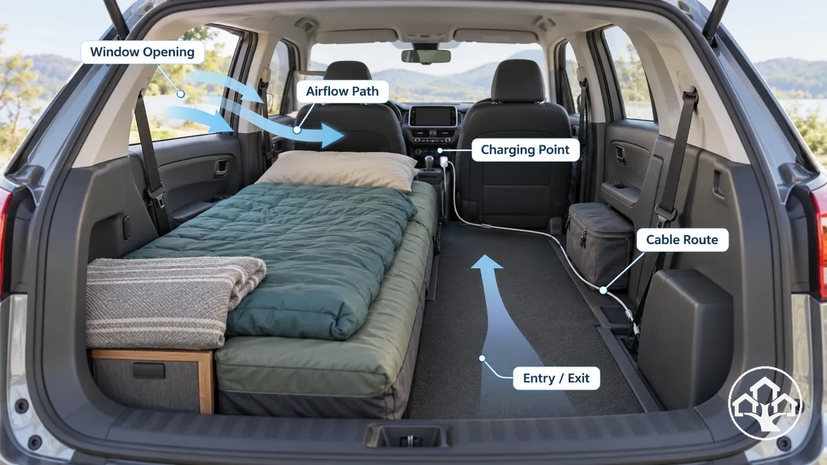 Interior del coche que muestra el acceso de entrada y salida, la vía de flujo de aire, la ubicación del punto de carga y el tendido de cables despejado