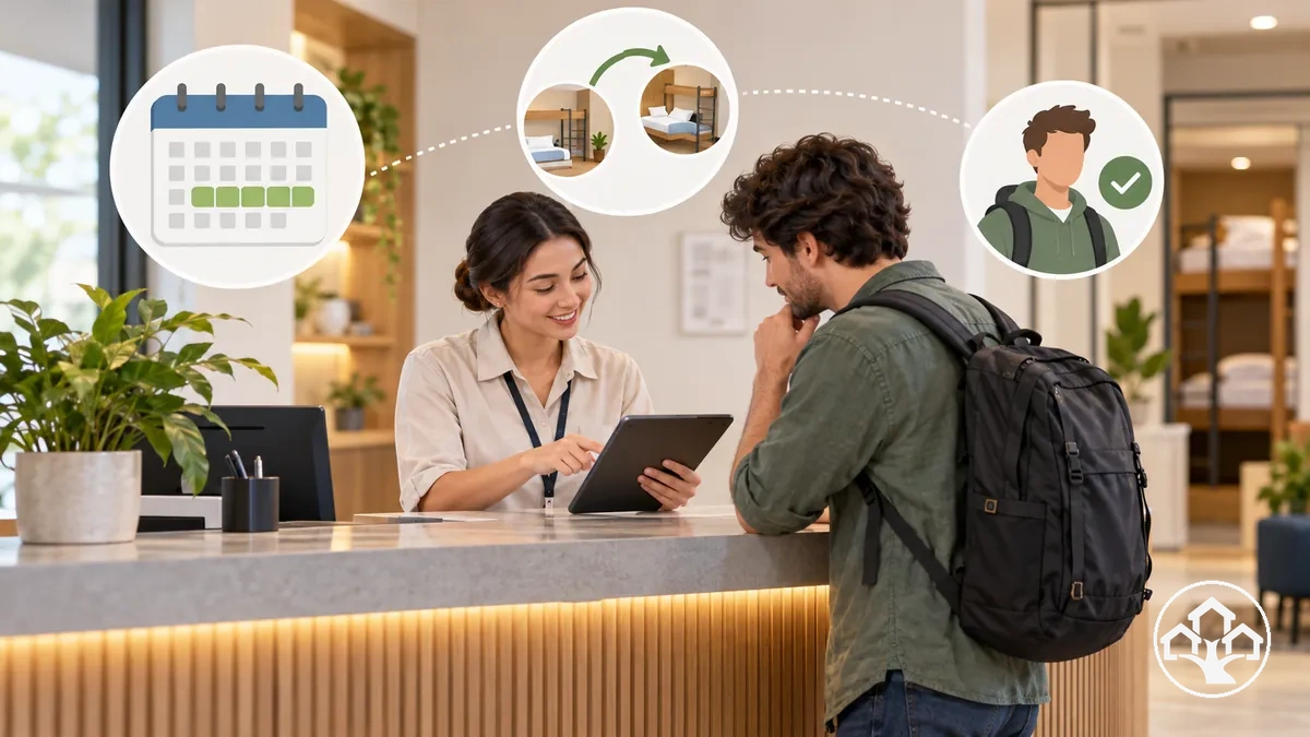 Normas de estancia en albergue ilustradas con indicaciones sobre duración, ampliación, continuidad de reserva y requisitos del huésped