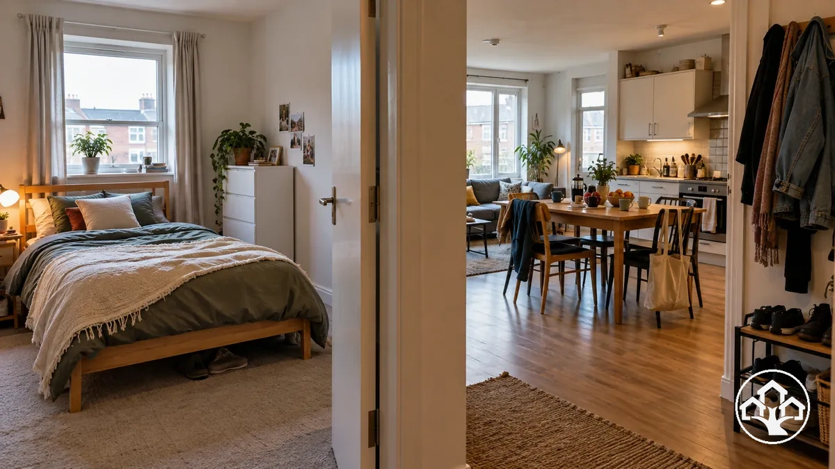 Vivienda compartida con una habitación privada y una zona común que ilustra el reparto de costes y las concesiones en privacidad