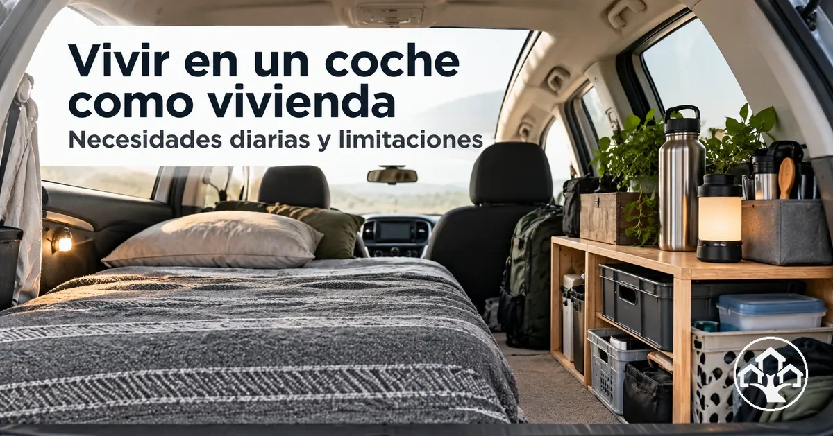 Interior de un coche preparado para vivir, con espacio para dormir y objetos de uso diario