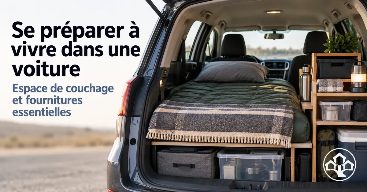 Voiture préparée pour y vivre avec espace de couchage et fournitures essentielles