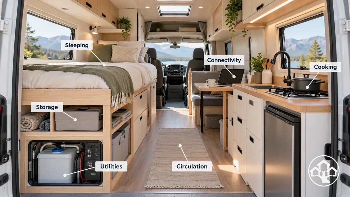 Configuration van ou camping-car montrant les zones de couchage, cuisine, rangement et utilités pour la vie quotidienne