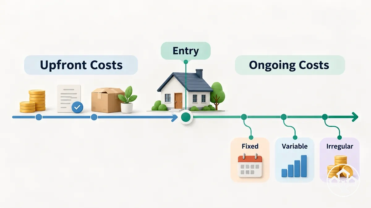Chronologie séparant les coûts initiaux de logement alternatif des coûts récurrents fixes, variables et irréguliers.