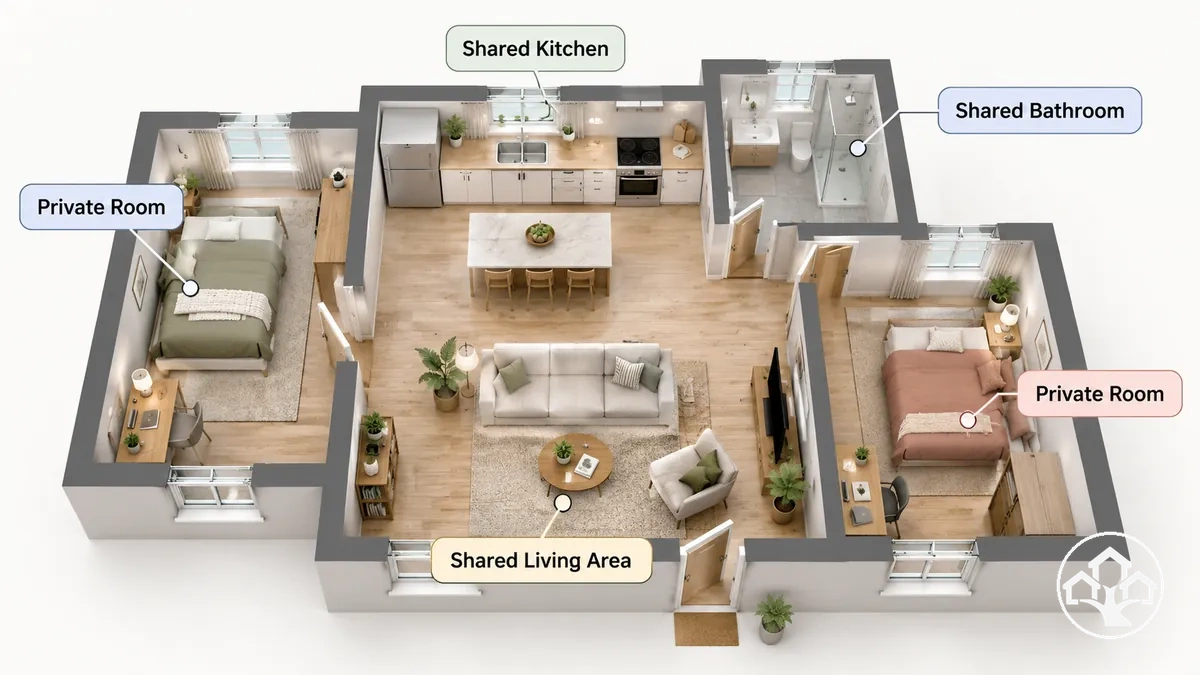 Illustration d’une colocation avec des chambres privées et une cuisine, une salle de bain et un salon partagés.