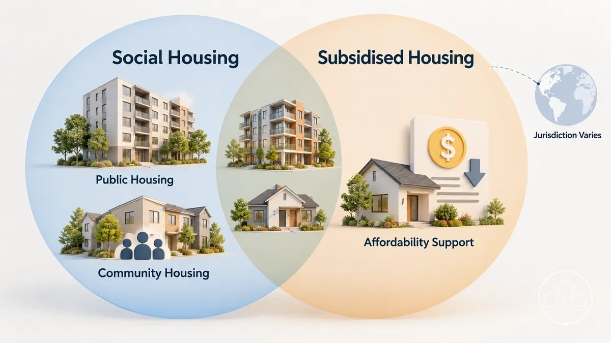Relation entre le logement social et le logement subventionné, avec terminologie variable selon la juridiction