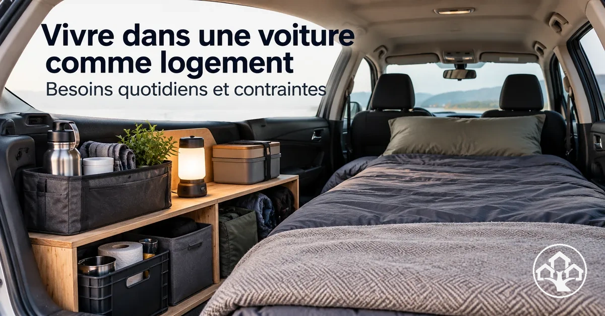 Aménagement d’une voiture pour y vivre avec espace de couchage et objets essentiels du quotidien
