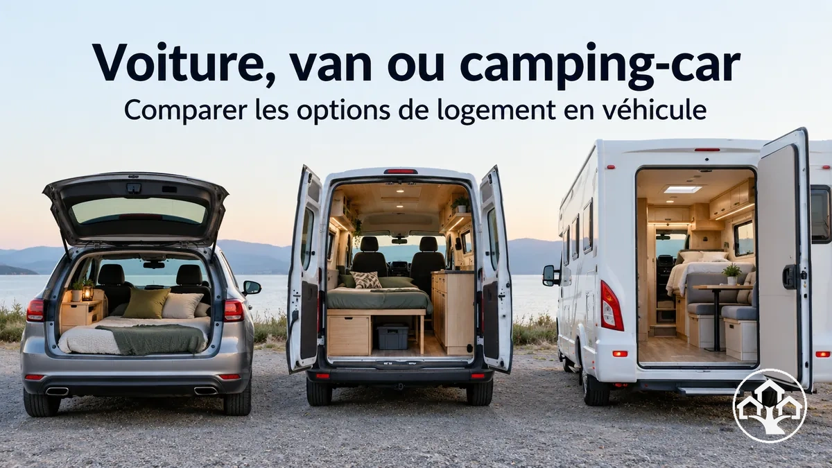 Voiture, van et camping-car côte à côte pour comparer les options de logement