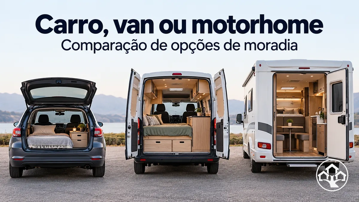 Carro, van e motorhome lado a lado para comparar opções de moradia