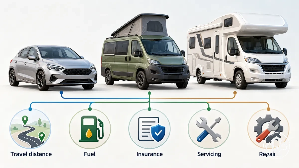 Carro, van e motorhome com fatores de custo recorrente de combustível, seguro, manutenção e reparos