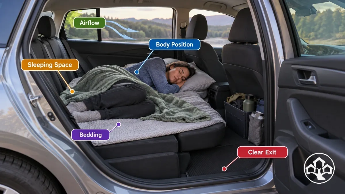 Posição ao dormir, roupas de cama, fluxo de ar e espaço livre para saída dentro do interior limitado de um carro de passeio