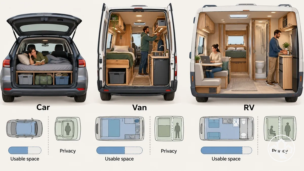Interiores de carro, van e motorhome comparados em espaço útil, privacidade e instalações do dia a dia
