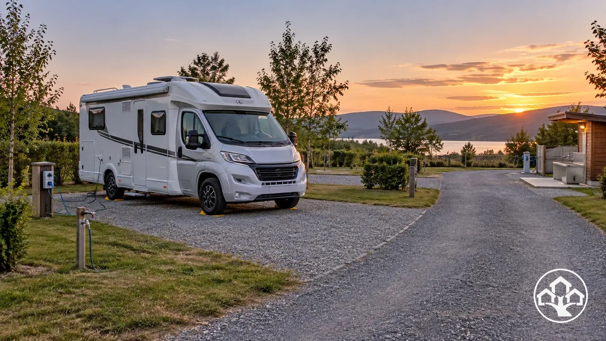 Van ou motorhome estacionado em local de pernoite com condições de acesso e utilidades visíveis
